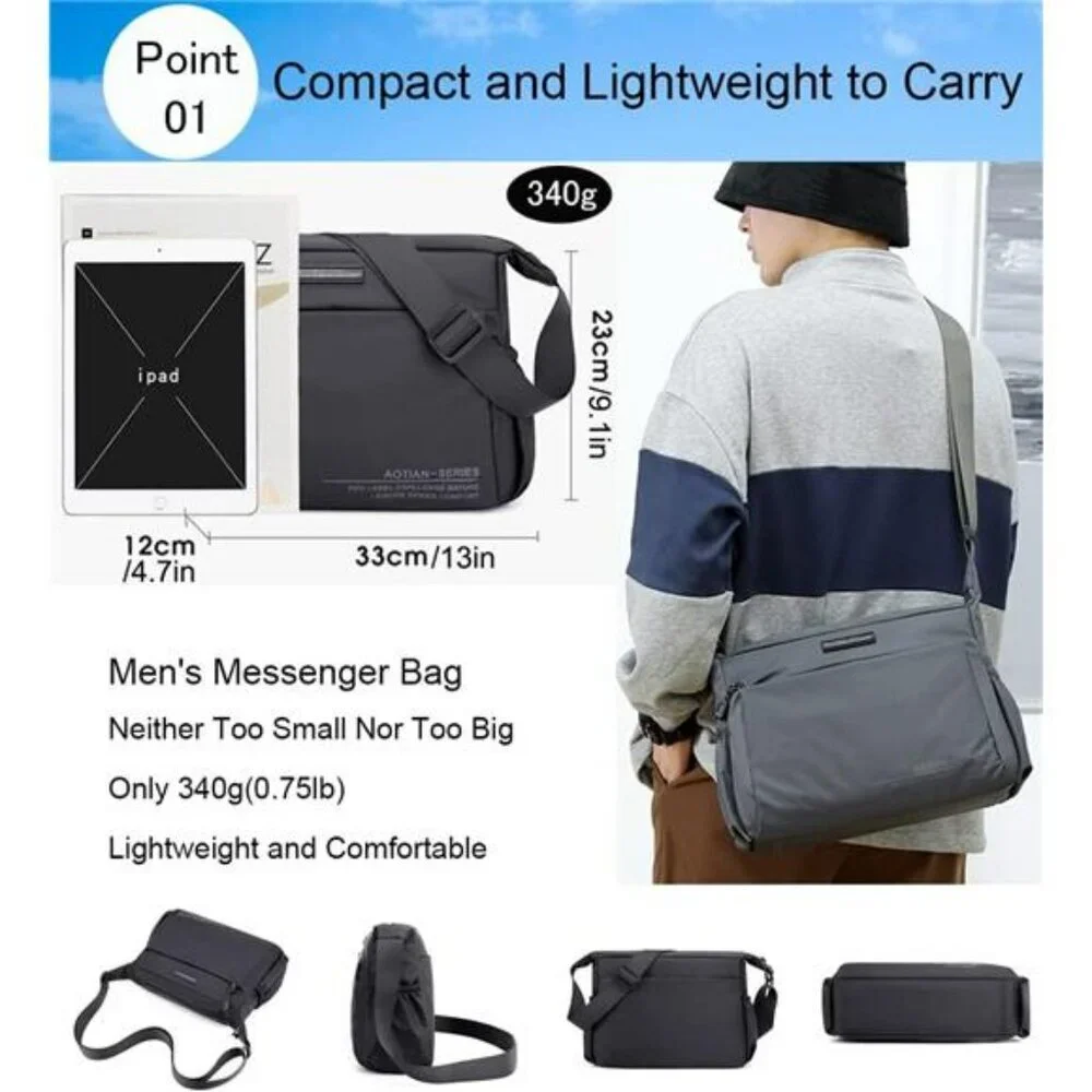 Mens nylon messenger bag waterproof lightweight crossbody shoulder purse for tra